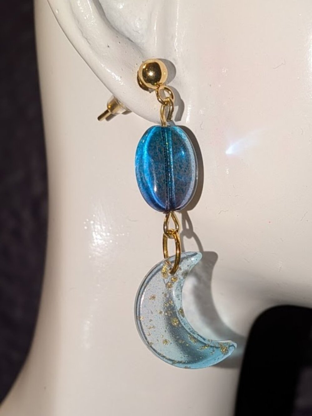 Blue Glass Crescent Moon Earrings